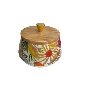 Opalhouse Stoneware Bold Floral Pattern Low Canister Wood Lid Brass Handle